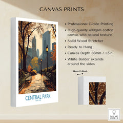Central Park canvas print with autumn trees, skyline, and detailed cotton canvas texture