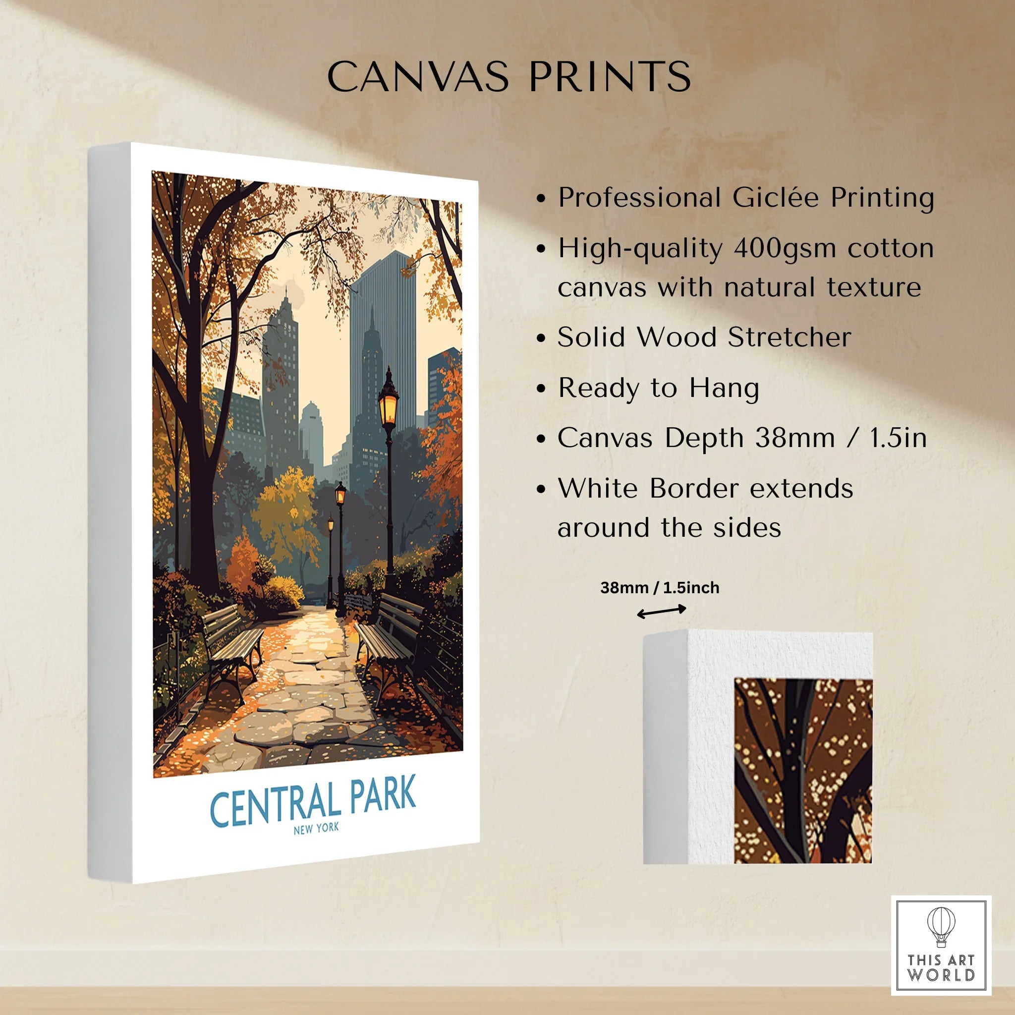 Central Park canvas print with autumn trees, skyline, and detailed cotton canvas texture