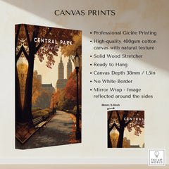Central Park New York canvas print with autumn trees, city skyline, and park path wall art