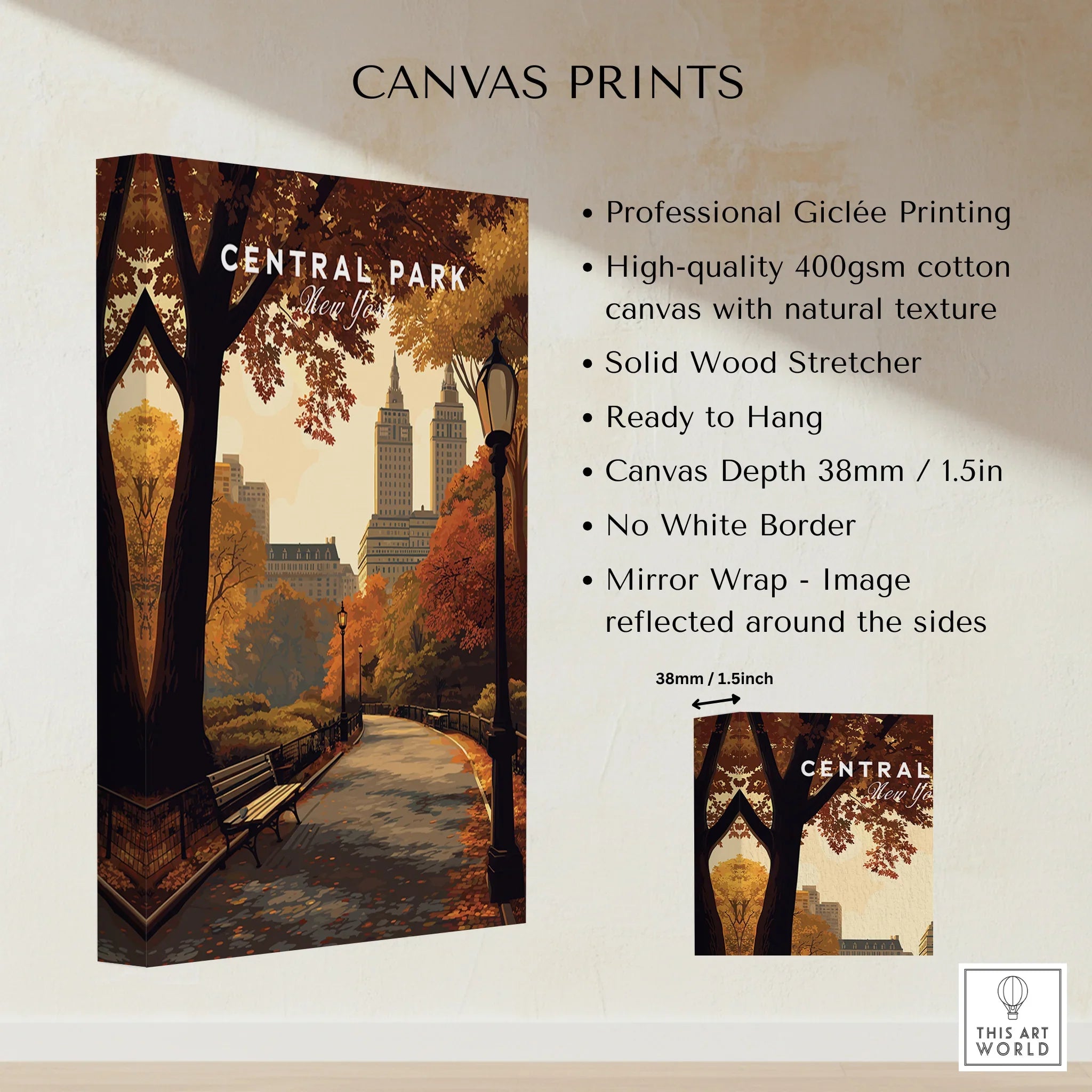 Central Park New York canvas print with autumn trees, city skyline, and park path wall art