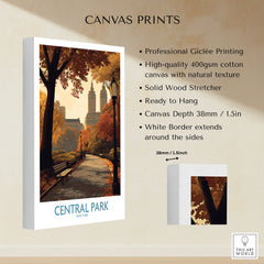 Central Park New York canvas print featuring fall trees, skyline, and white border details