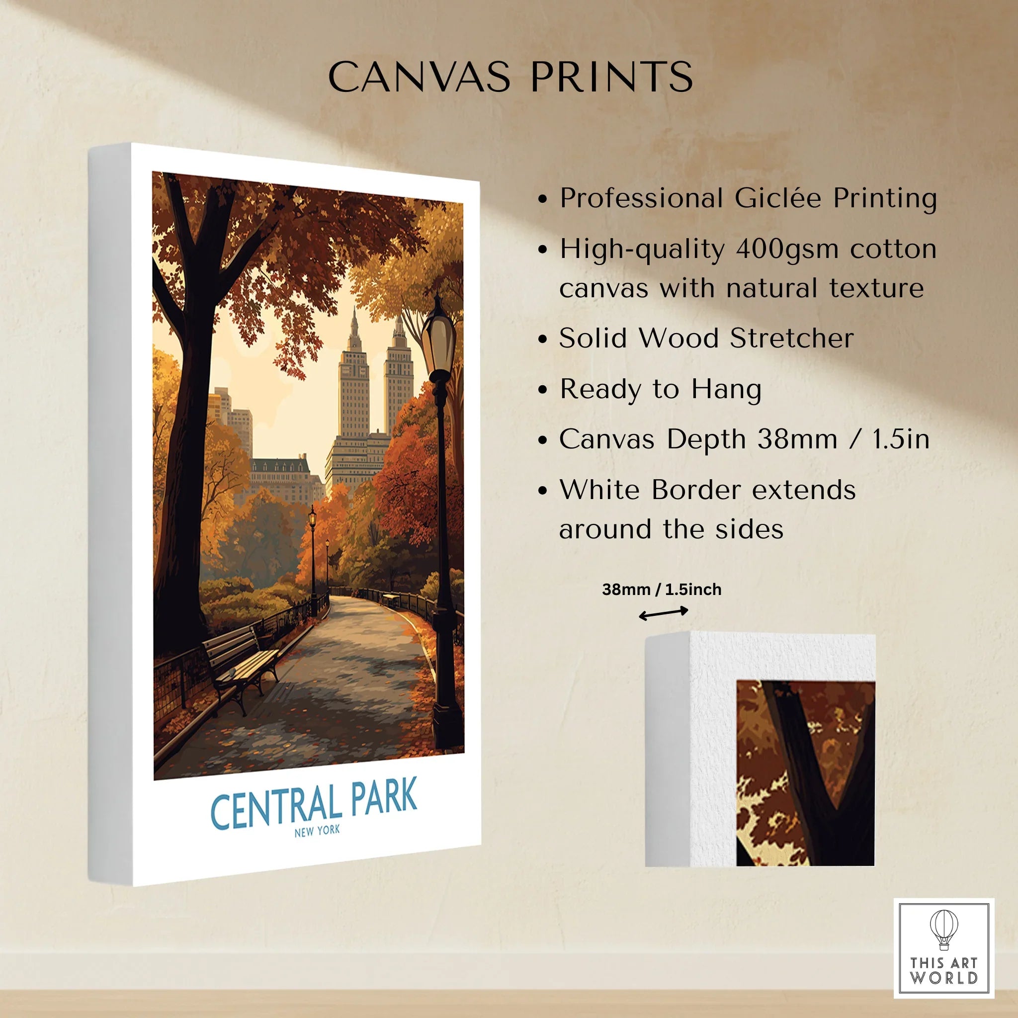Central Park New York canvas print featuring fall trees, skyline, and white border details