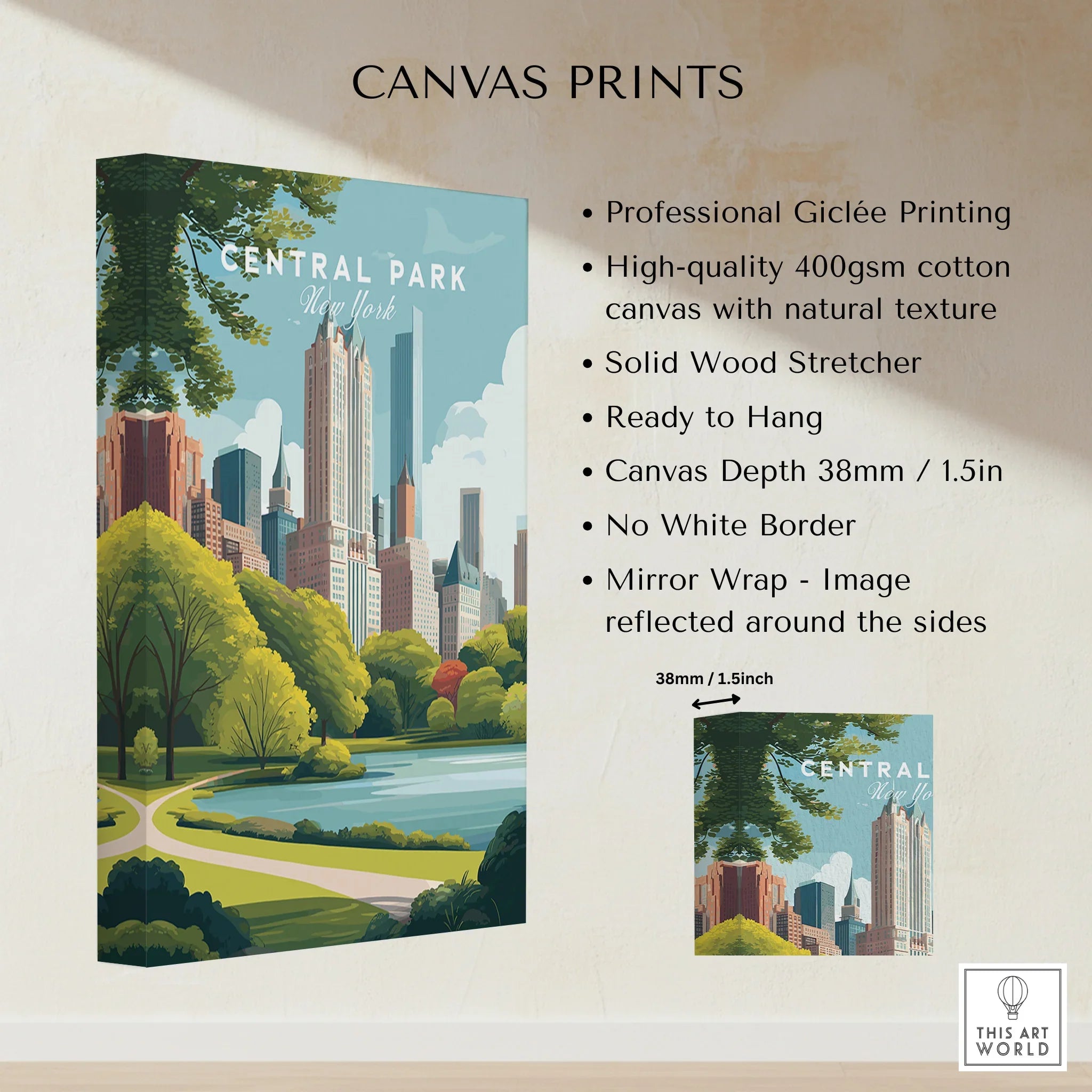 Central Park New York canvas print with city skyline and trees, high-quality wall art.