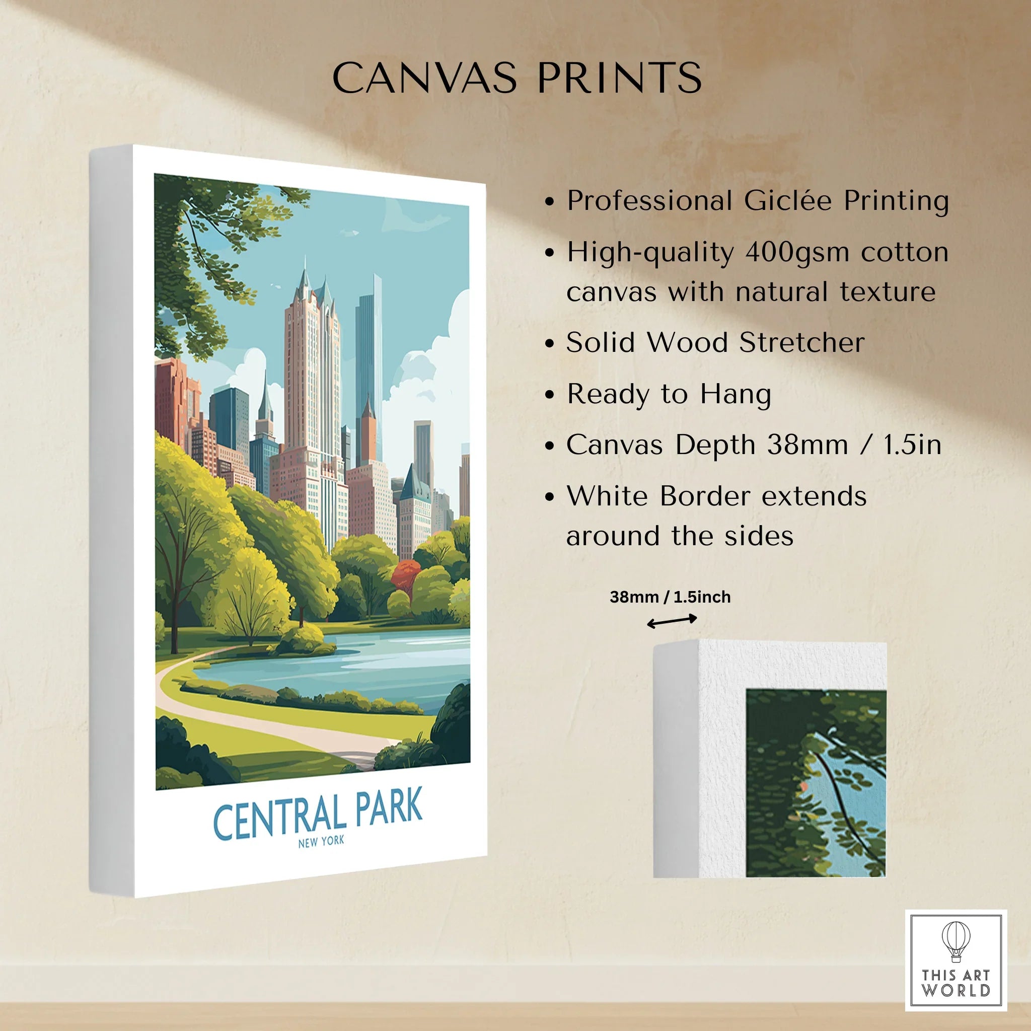 Central Park canvas print with city skyline, lake, and lush trees, ready to hang wall art