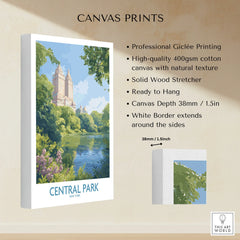 Central Park New York canvas wall art print with scenic skyline, trees, and lake, stretched on white-bordered cotton canvas.