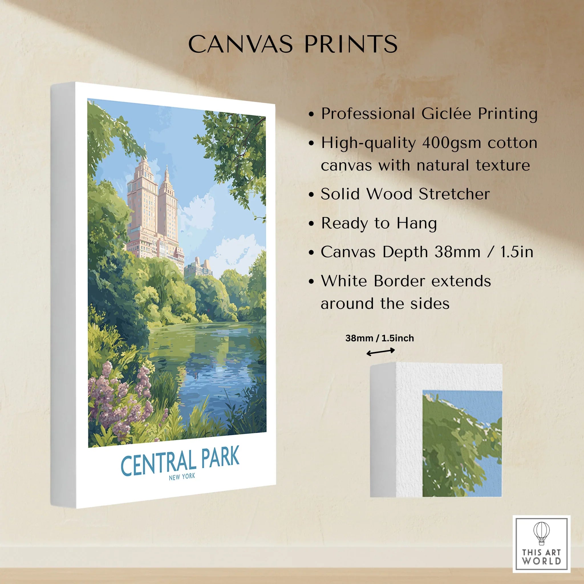 Central Park New York canvas wall art print with scenic skyline, trees, and lake, stretched on white-bordered cotton canvas.