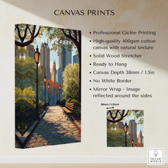 Central Park skyline canvas print with trees, benches, lamp posts, and cityscape wall art