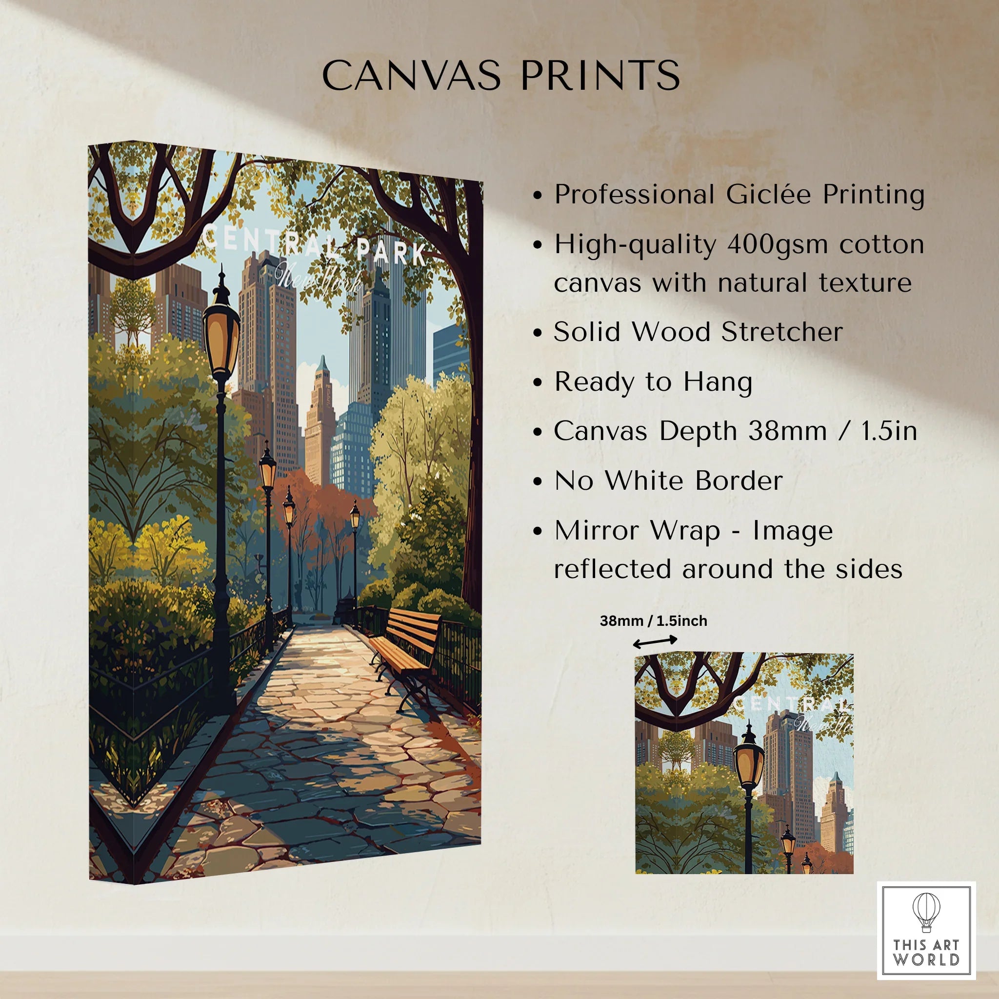 Central Park skyline canvas print with trees, benches, lamp posts, and cityscape wall art