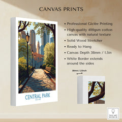 Central Park canvas print featuring a scenic park path with benches, lampposts, and city skyline.