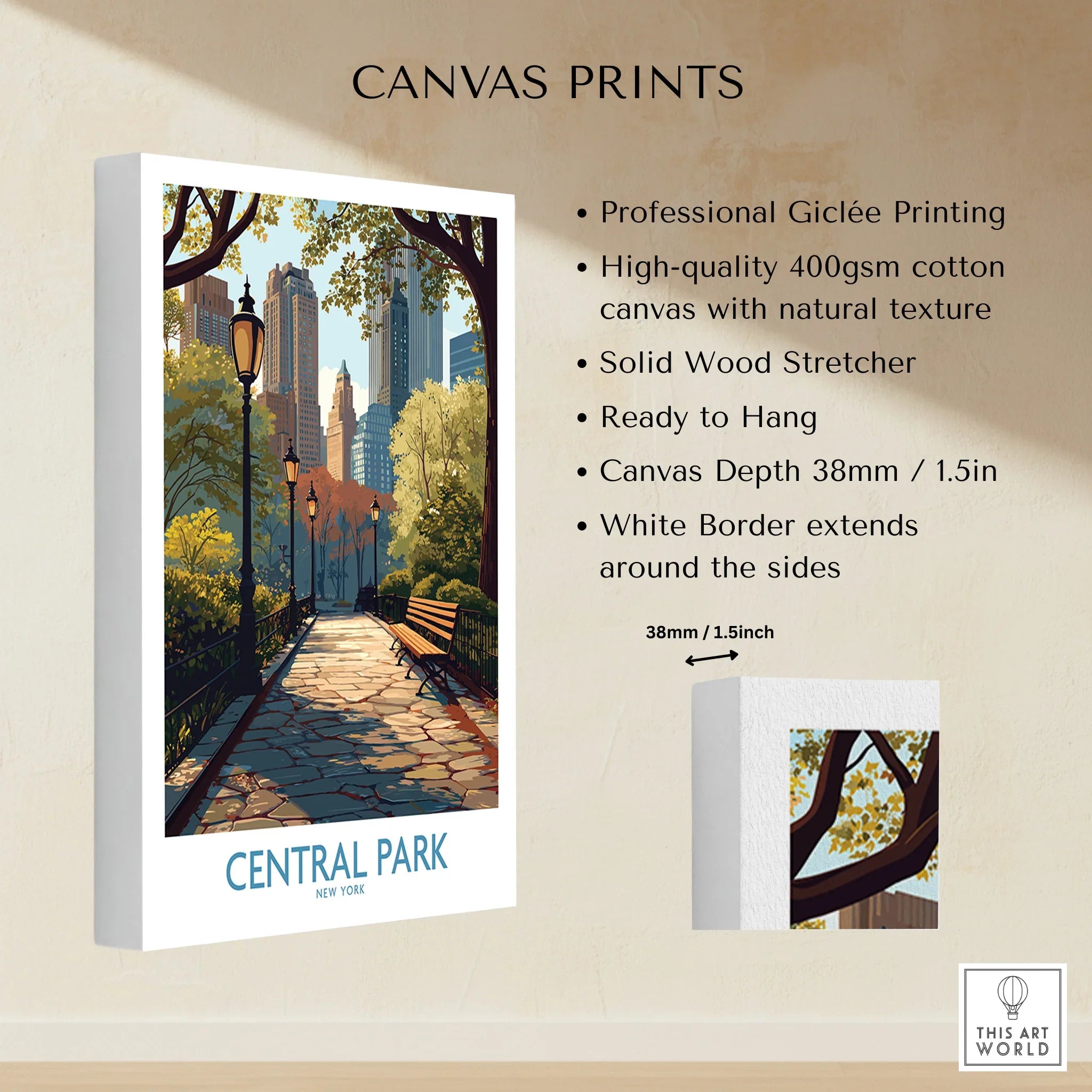 Central Park canvas print featuring a scenic park path with benches, lampposts, and city skyline.