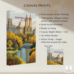 Central Park New York canvas print with city skyline, autumn trees, and bridge, gallery wrapped.