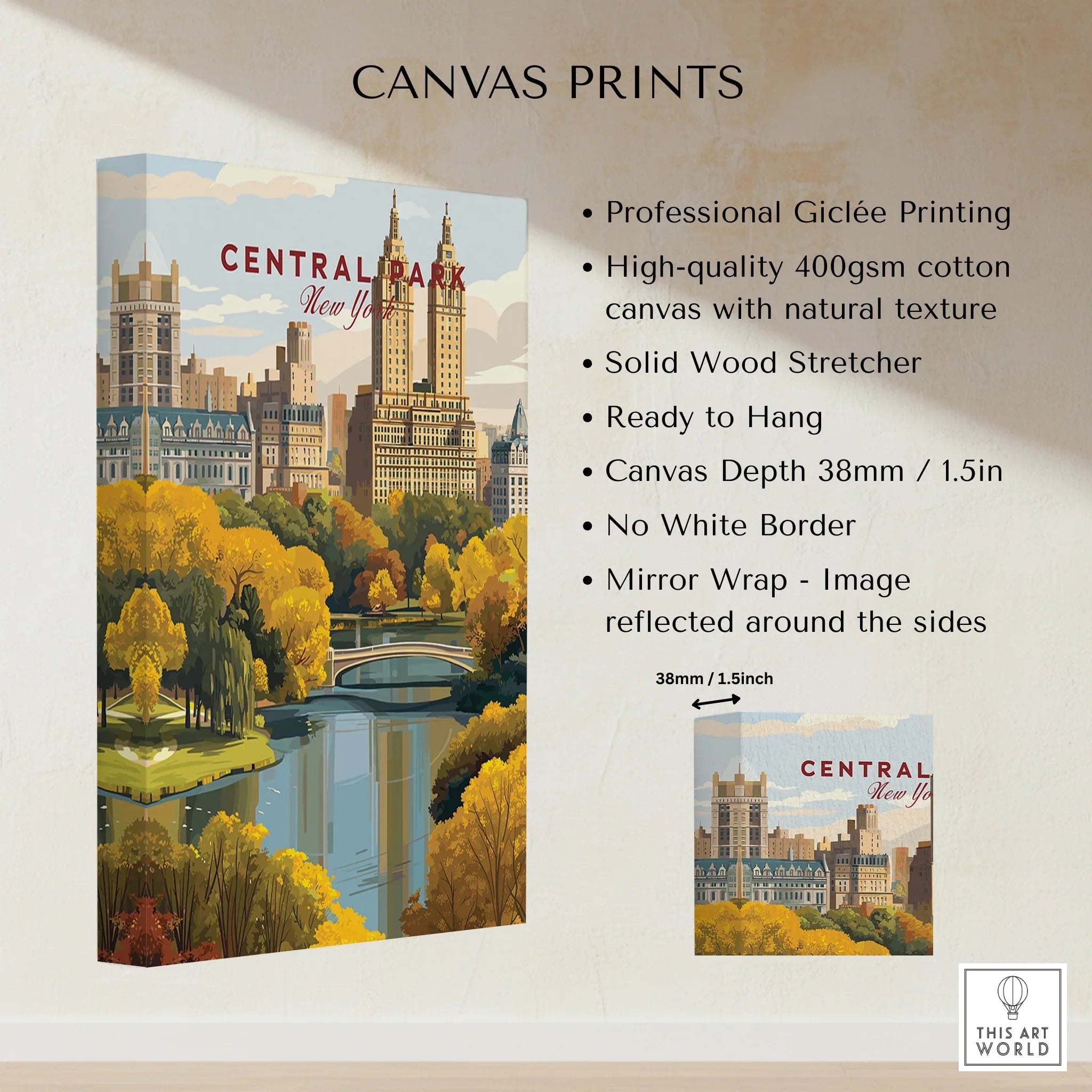 Central Park New York canvas print with city skyline, autumn trees, and bridge, gallery wrapped.