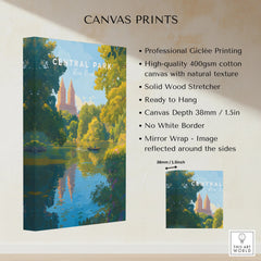 Central Park New York canvas print with trees, lake, and city skyline, wall art decor