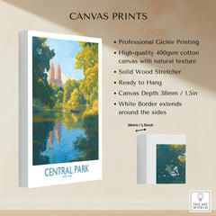 Central Park New York canvas wall art print with lake, greenery, and skyline, ready to hang
