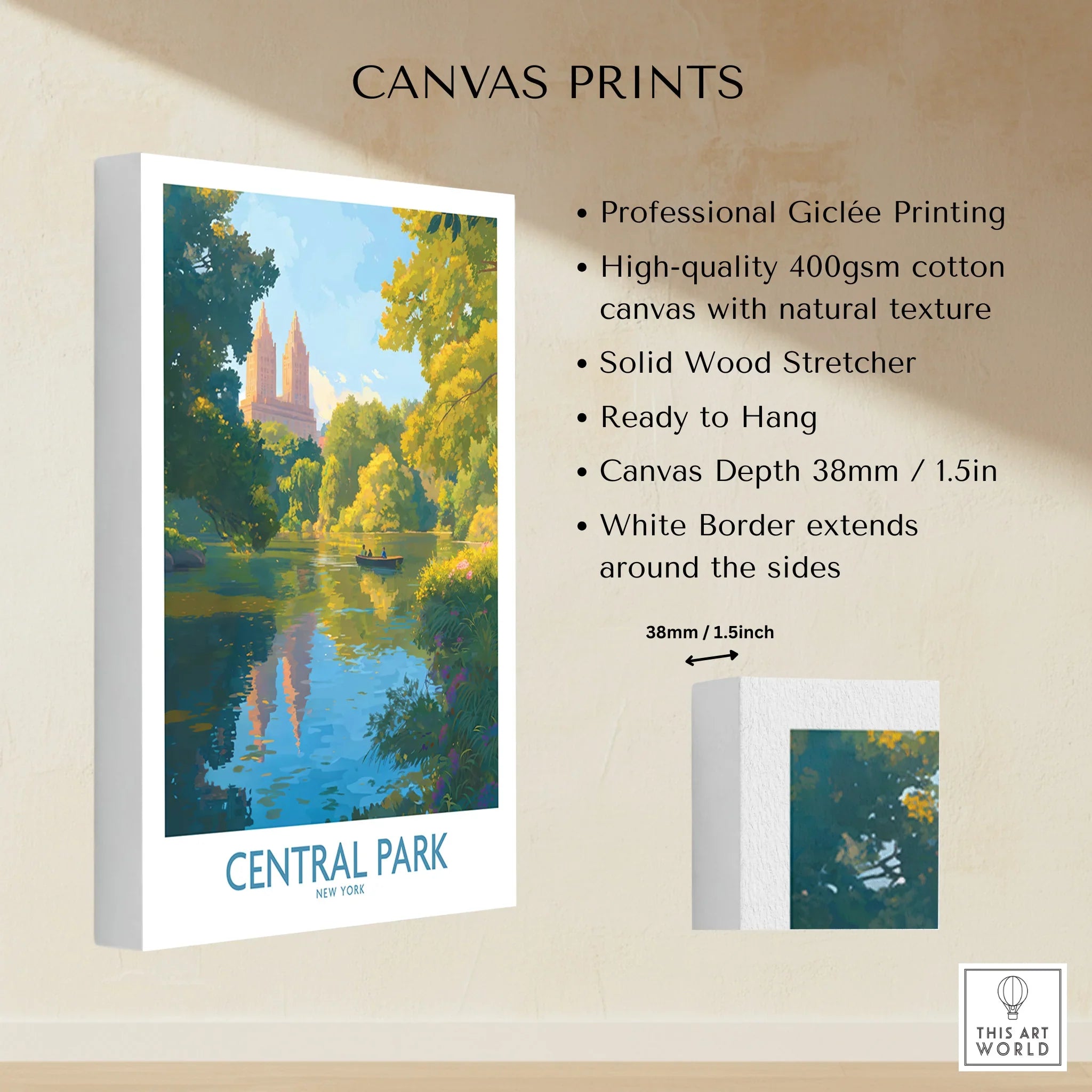 Central Park New York canvas wall art print with lake, greenery, and skyline, ready to hang