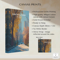 Central Park New York canvas wall art with autumn trees, urban skyline, and sunlight path