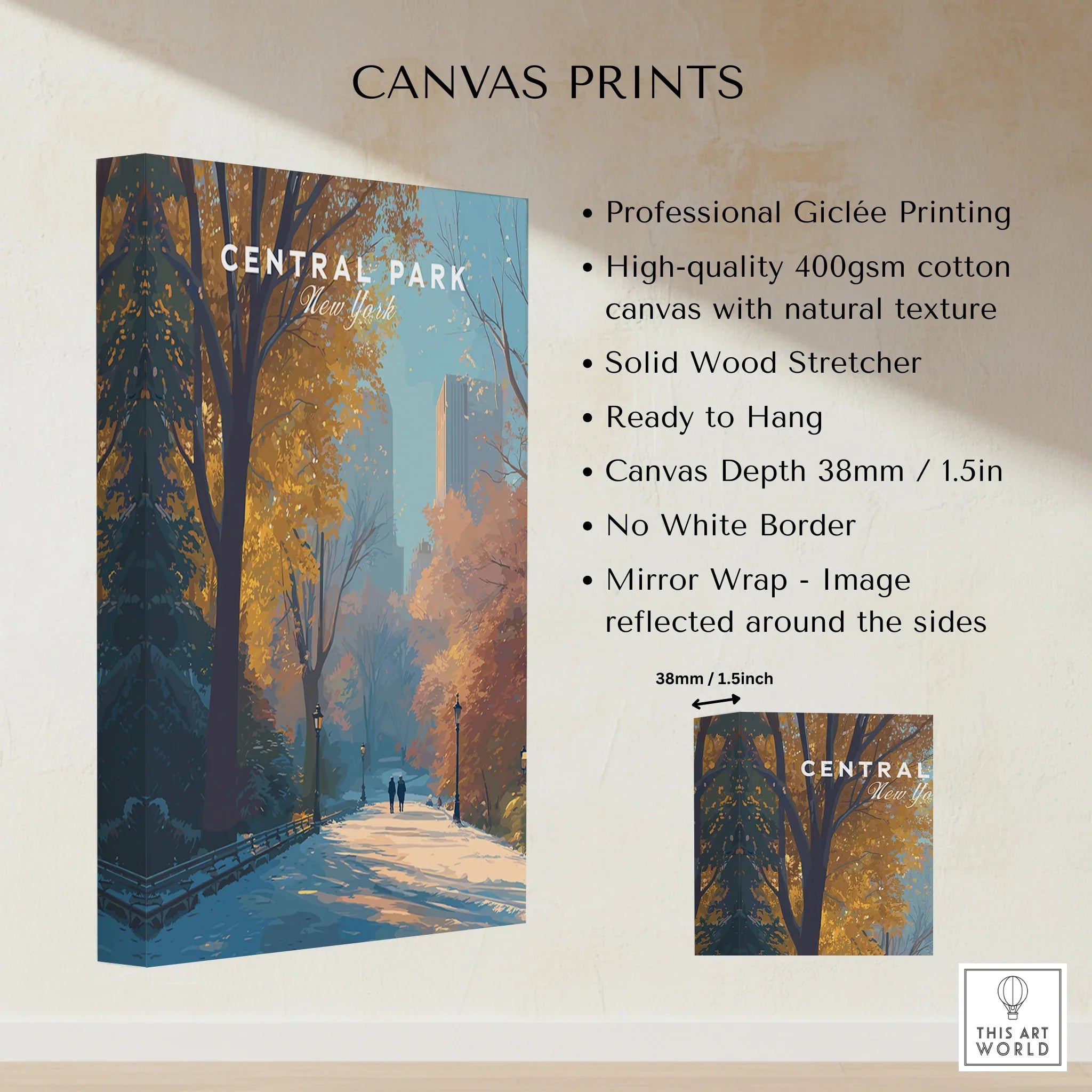 Central Park New York canvas wall art with autumn trees, urban skyline, and sunlight path