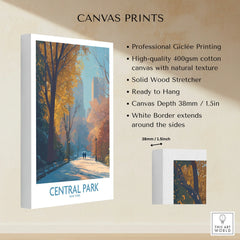 Central Park New York canvas print with autumn trees, city skyline, and cotton texture detail.