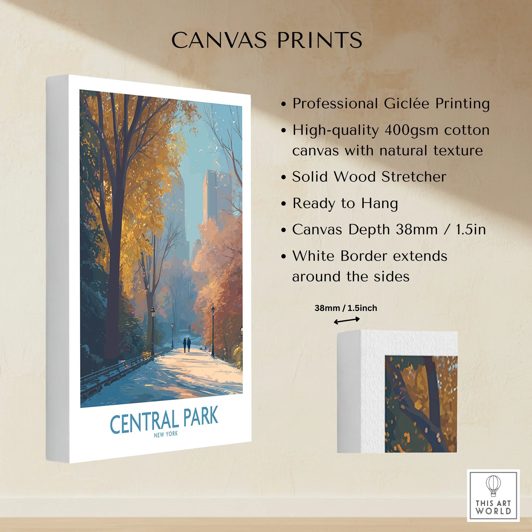 Central Park New York canvas print with autumn trees, city skyline, and cotton texture detail.