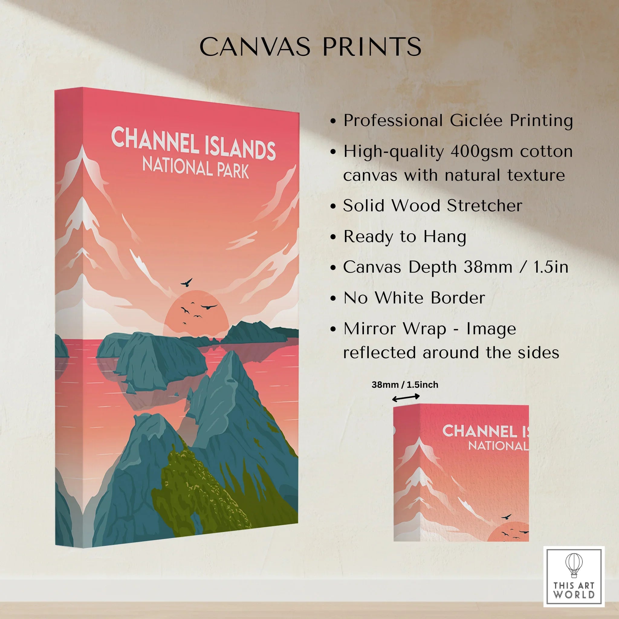 Channel Islands National Park canvas print with pink sunset, ocean, and rocky cliffs.