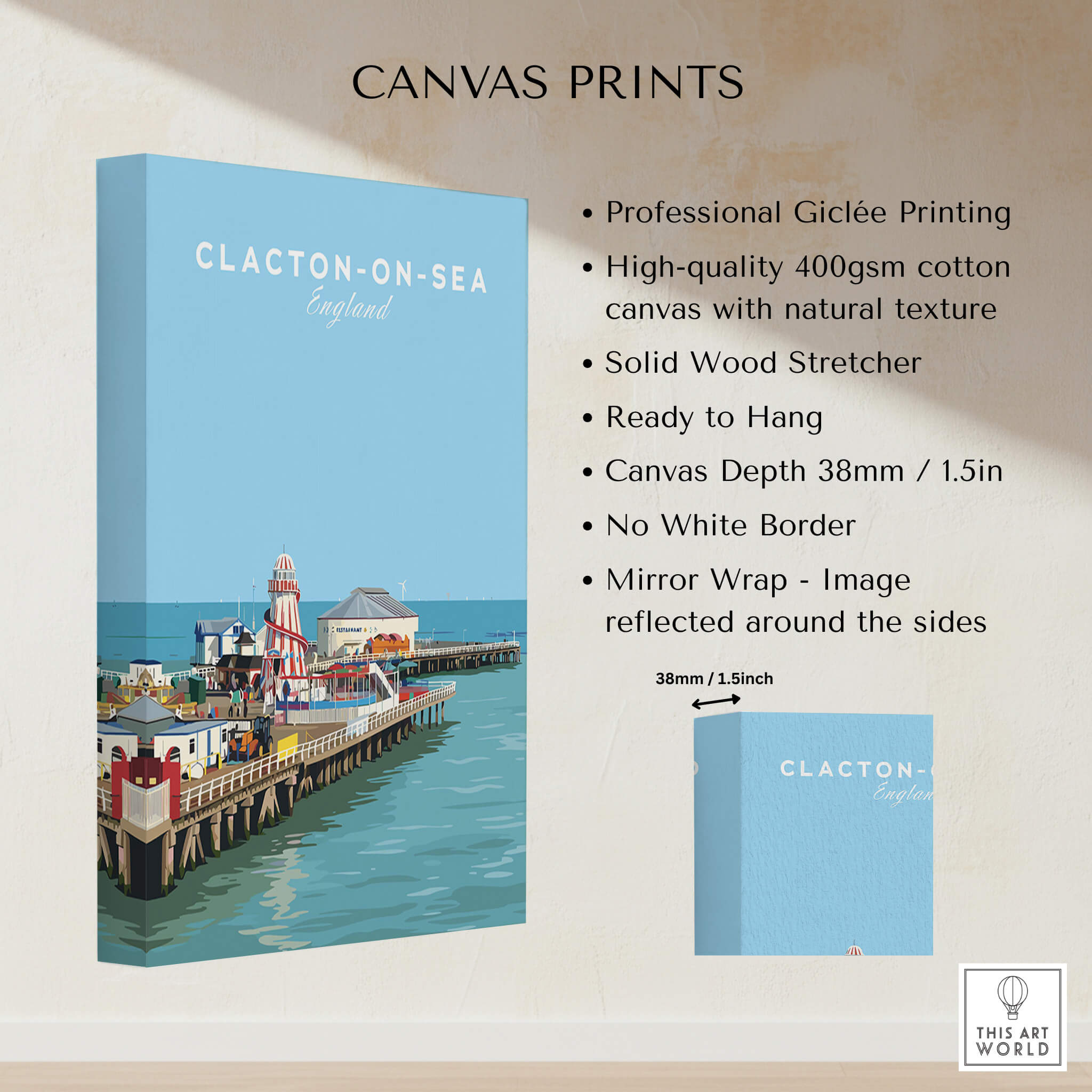Clacton-on-Sea Travel Poster – Historic Pier Art Print displayed on a canvas print with professional giclée printing.