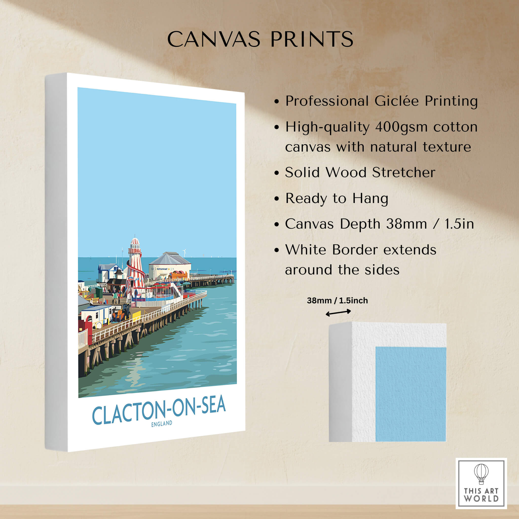 Clacton-on-Sea England Wall Art – British Seaside Decor showcasing a vibrant seaside image, ready to hang canvas print.