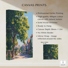 Colchester England wall art canvas print with colorful town street and large tree, cotton texture