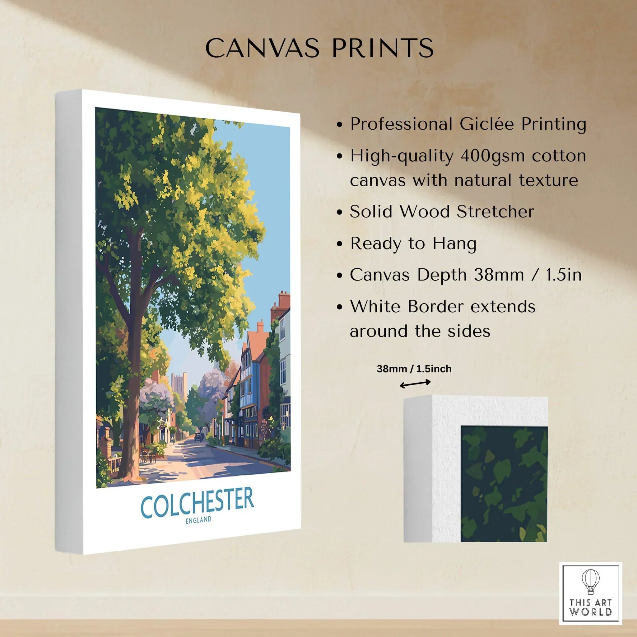 Colchester England canvas print with street scene, thick cotton texture, ready to hang wall art.