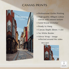 Colchester England city street canvas print with colorful buildings, 3D stretched cotton wall art