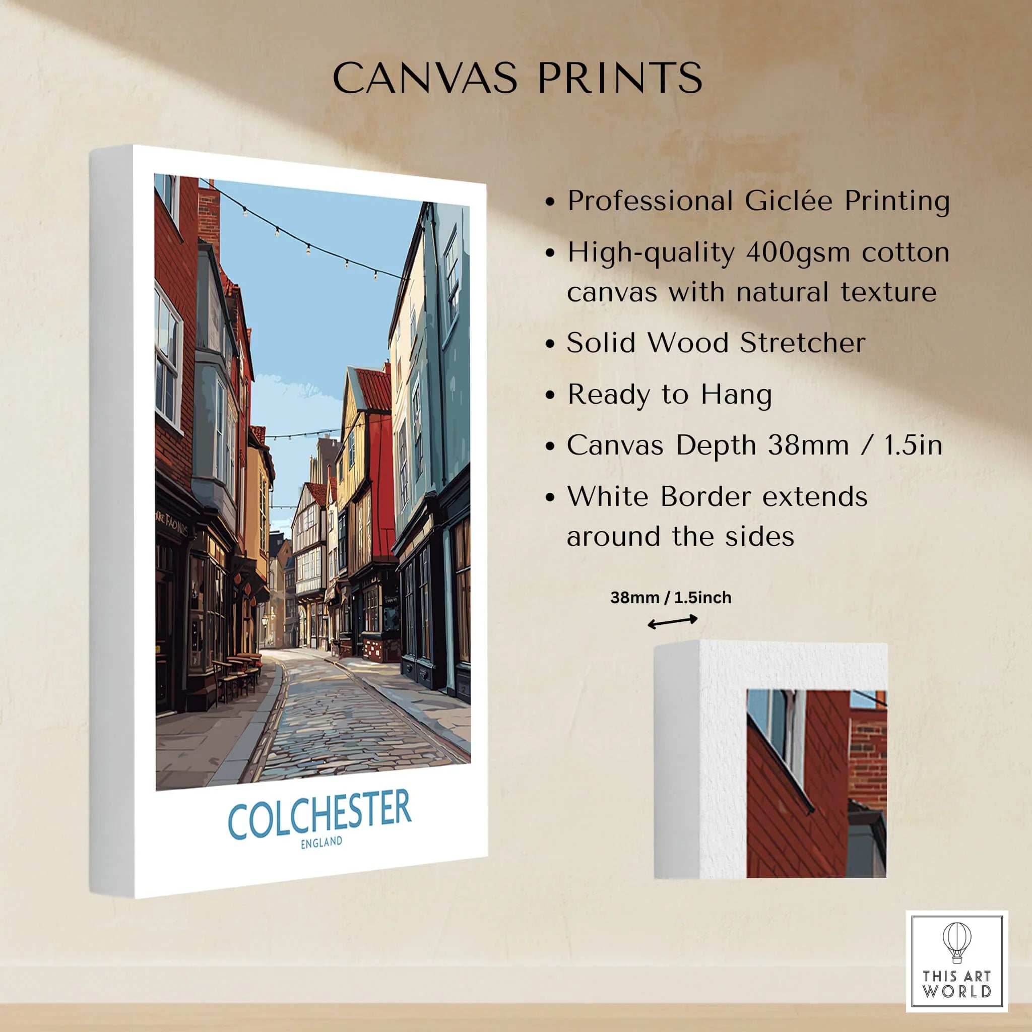 Colchester England cityscape canvas print with thick white border, professional wall art.
