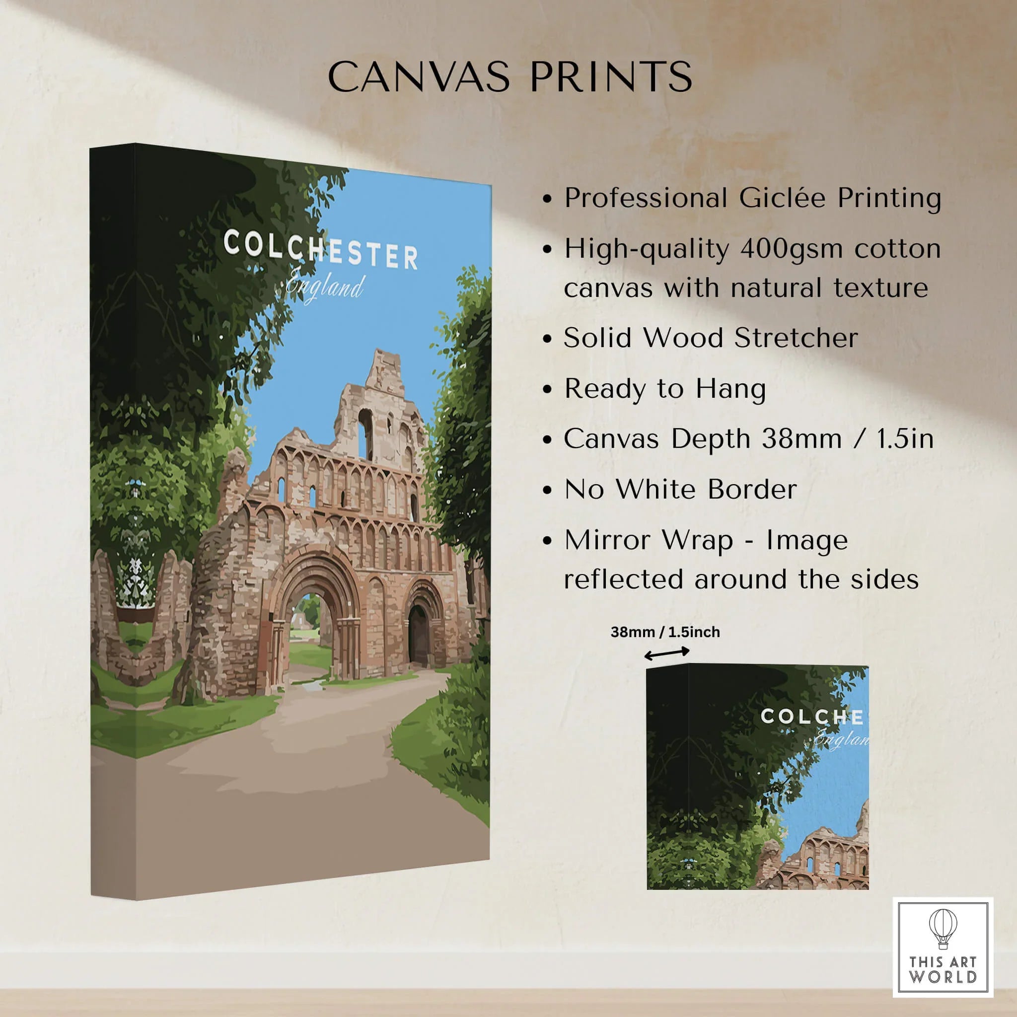 Colchester England canvas print featuring historical ruins, displayed on stretched cotton canvas