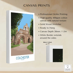 Colchester England wall art canvas print with historic ruins, cotton texture, and white border