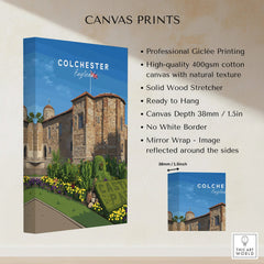 Colchester England canvas wall art print with historic building, floral garden, and blue sky
