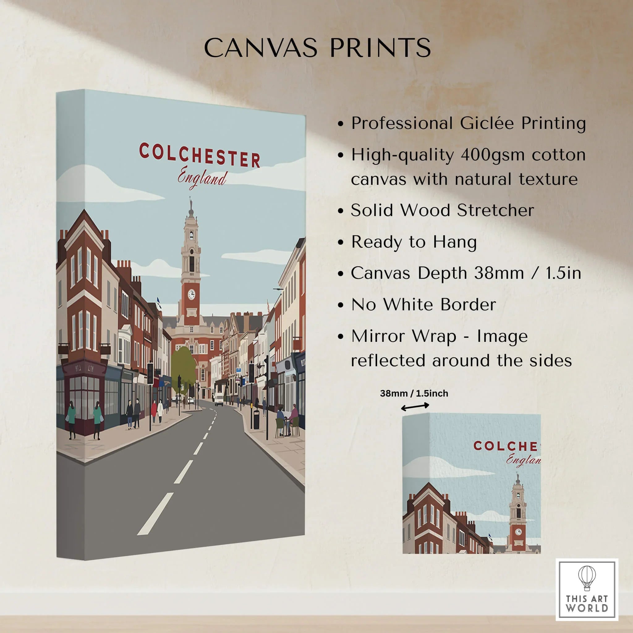 Colchester England cityscape canvas print on wall, 400gsm cotton, ready to hang, mirror wrap