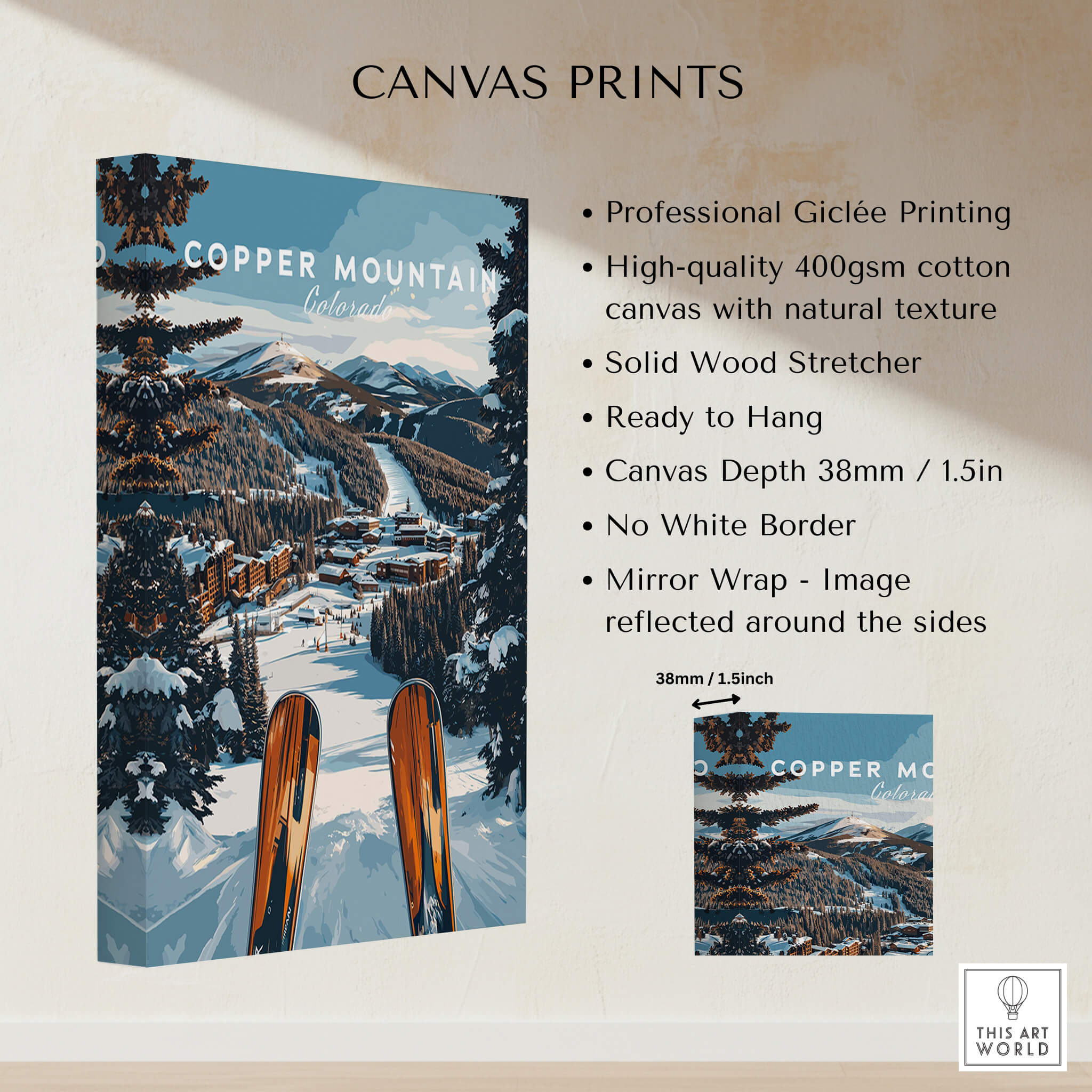 Copper Mountain Ski Print featuring professional giclée printing on high-quality canvas, perfect for ski lovers.