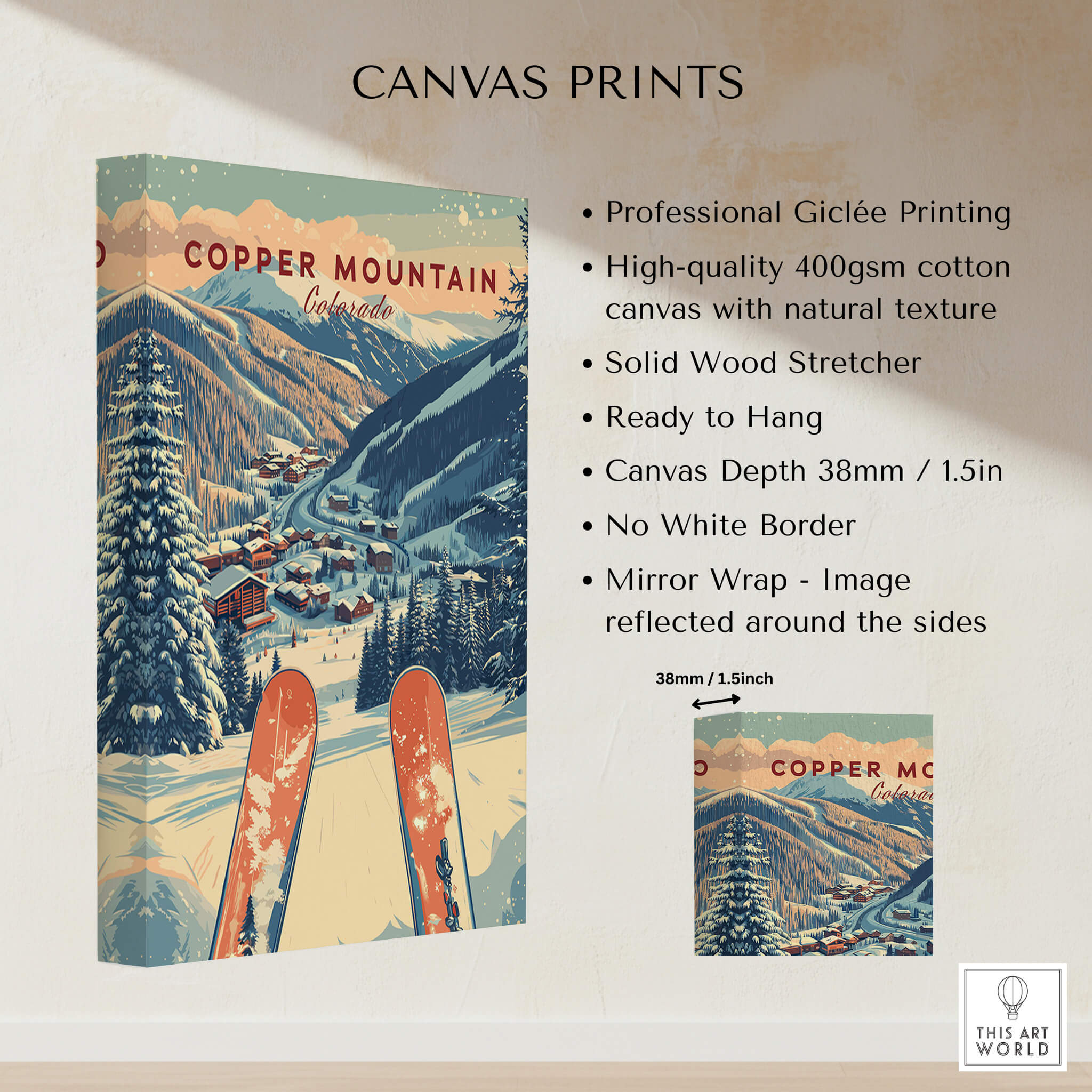 Copper Mountain Travel Poster – Sunset Ski Slopes on high-quality canvas print with vibrant colors and natural texture.