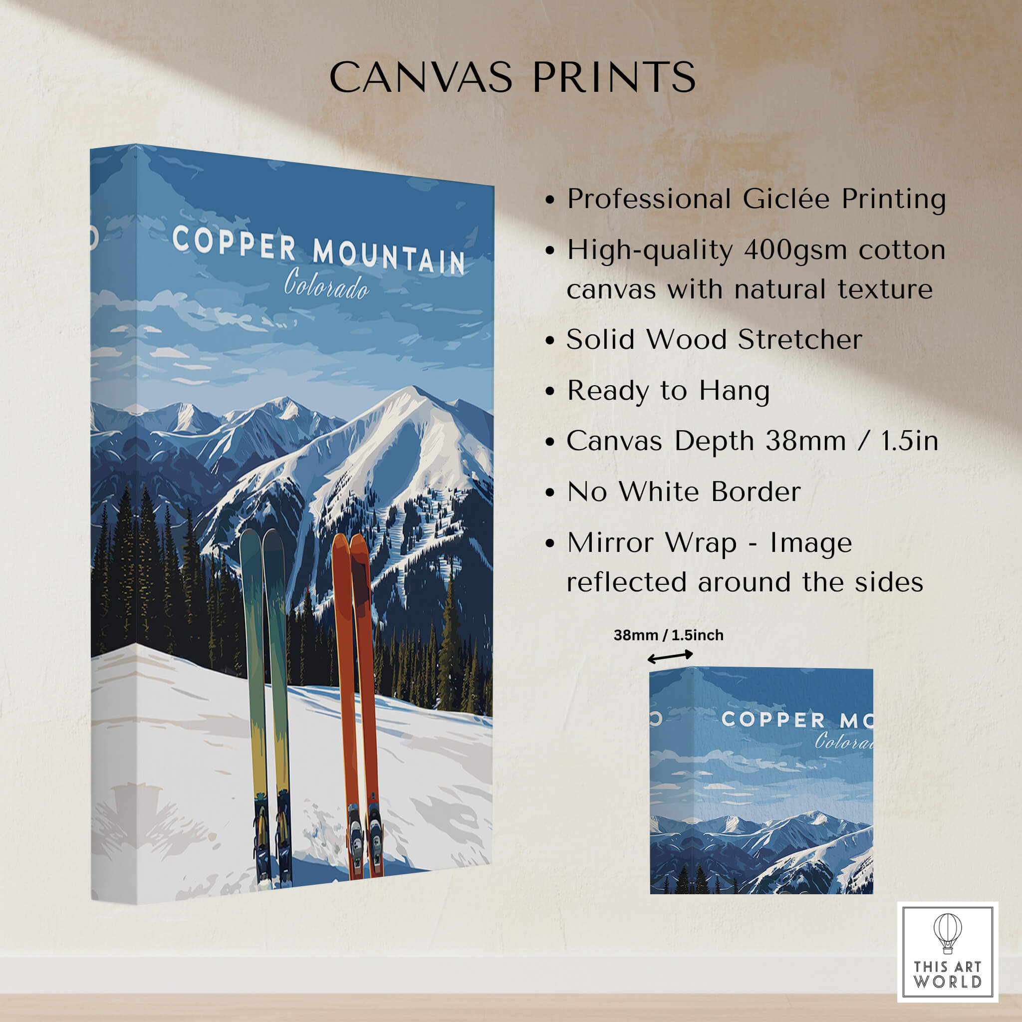 Copper Mountain Travel Poster – Colorado Mountain Summit & Ski Art Print displayed on a high-quality canvas.