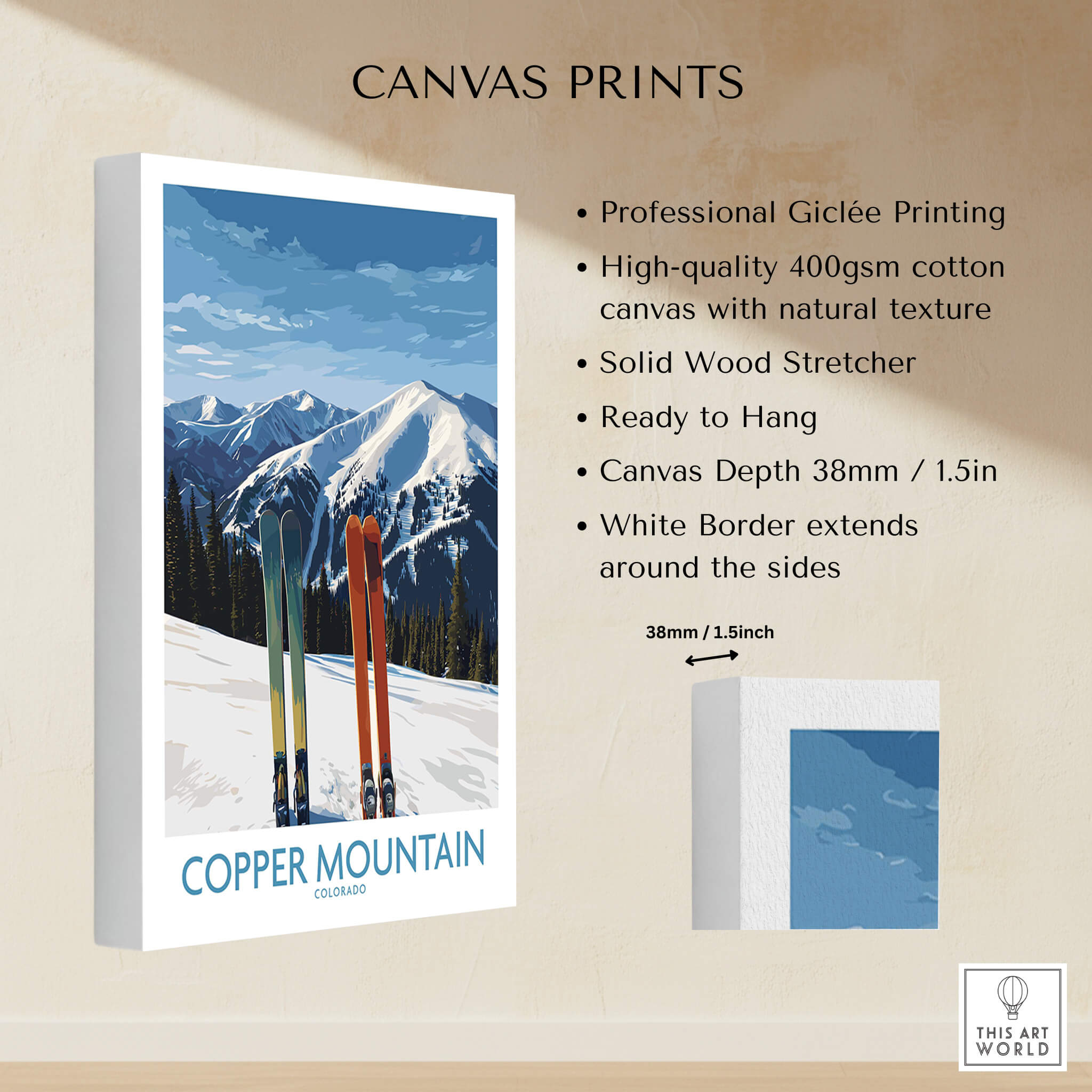 Copper Mountain Ski Wall Art Ski Print on high-quality canvas with colorful skiing visuals and mountain backdrop.