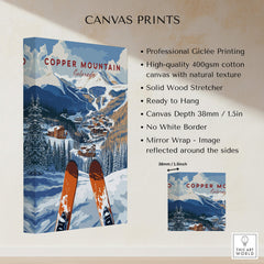 Copper Mountain Ski Poster – Winter Ski Village & Snowy Mountain Art with snowy mountains and ski village.