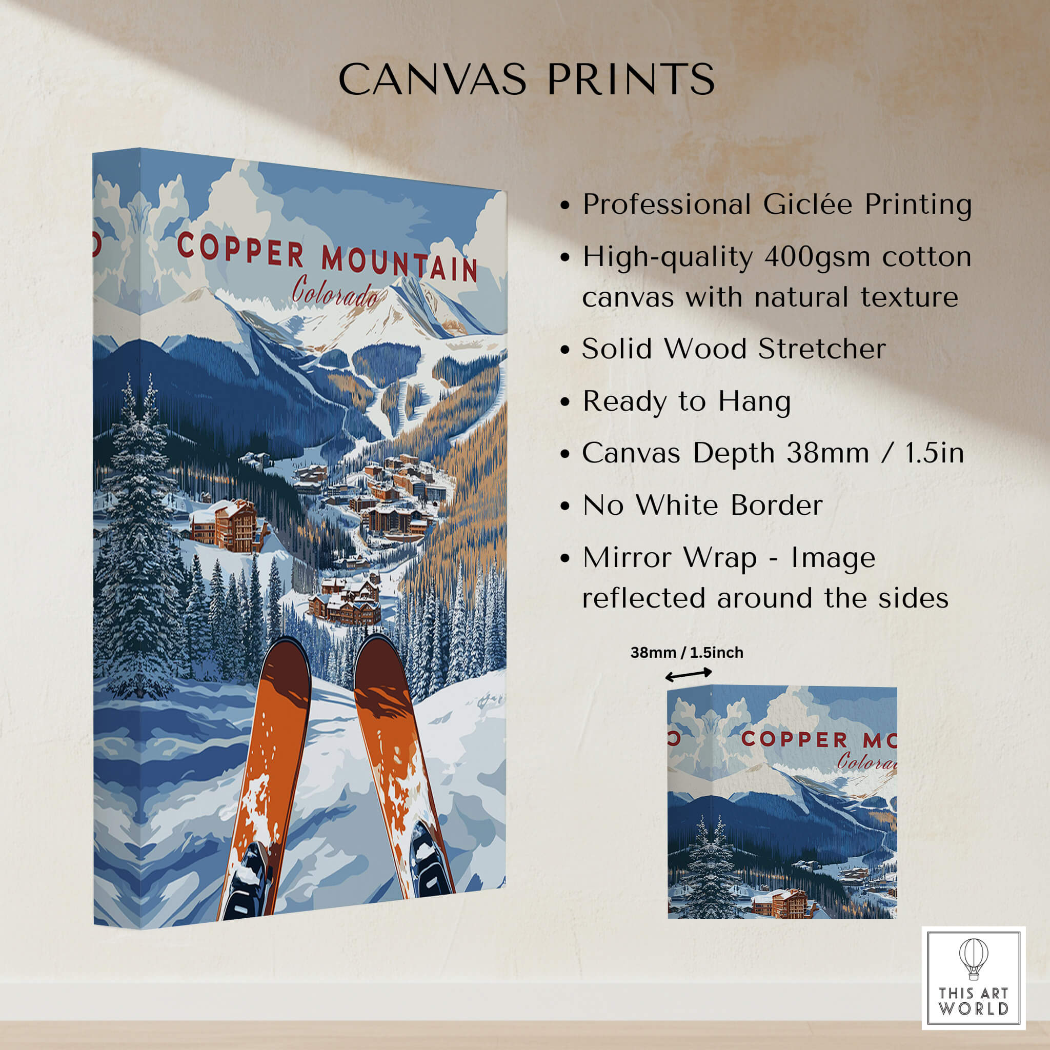 Copper Mountain Ski Poster – Winter Ski Village & Snowy Mountain Art with snowy mountains and ski village.