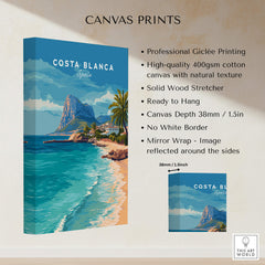 Costa Blanca Spain Travel Art – Mediterranean Village & Turquoise Sea Landscape Poster canvas print details.