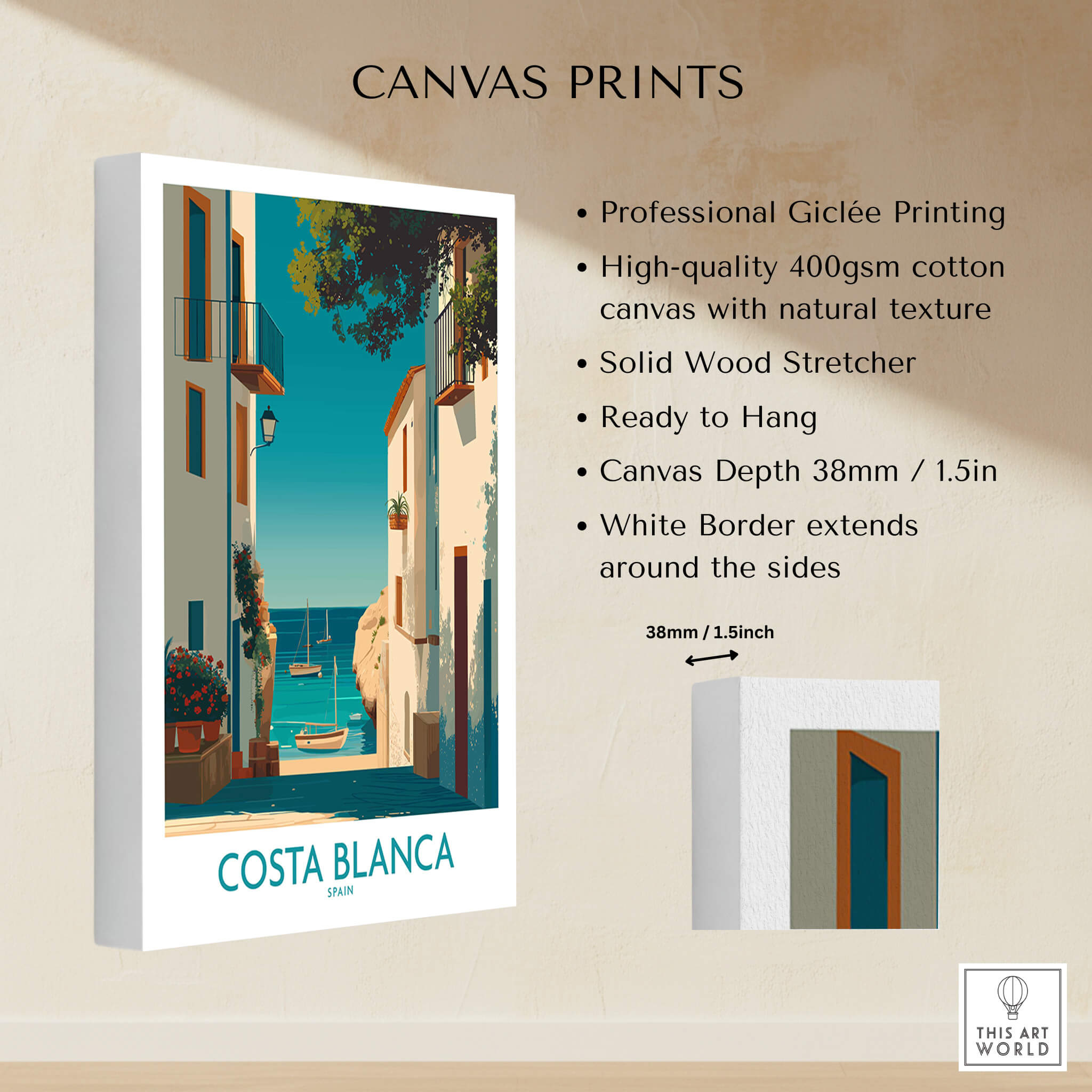 Costa Blanca Spain Wall Art Print - Spanish Village Artwork showcasing professional Giclée printing and canvas details.