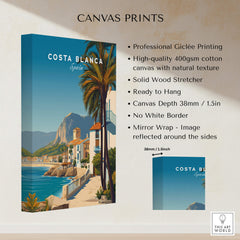 Costa Blanca Travel Poster - Spain Canvas Print showcasing giclée printing and natural texture on premium canvas.