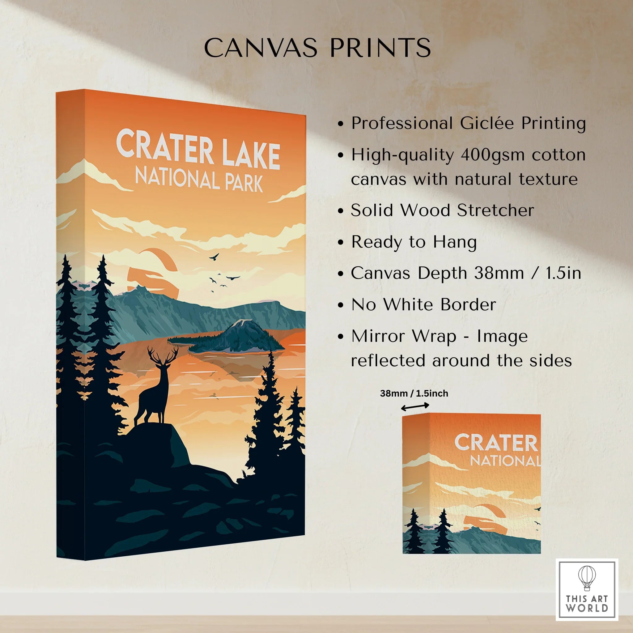 Crater Lake National Park canvas print with sunset, mountains, trees, and a deer silhouette.