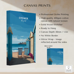 Cromer Travel Poster – Norfolk Beach Huts Art Print showcasing vibrant beach huts and coastal scenery.