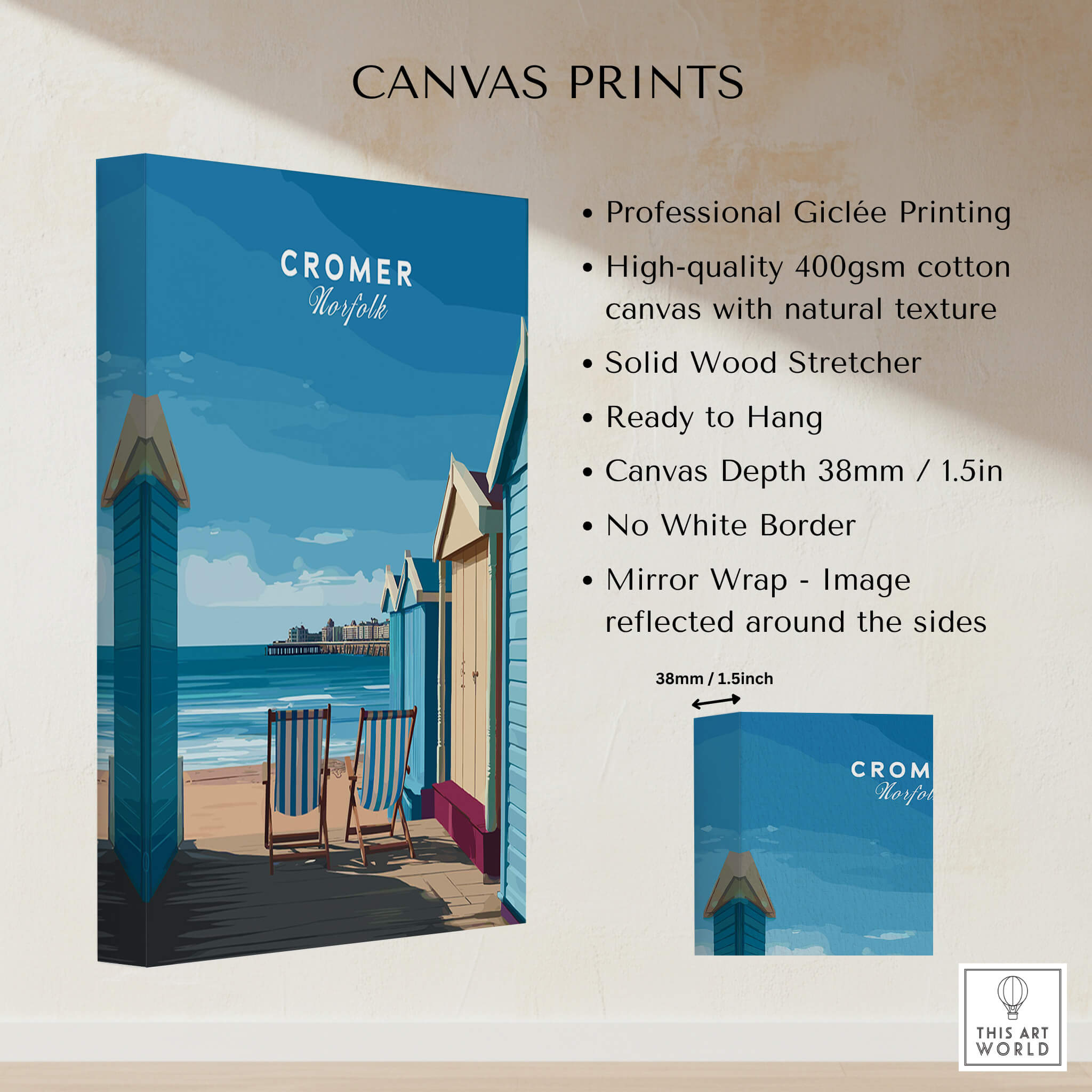 Cromer Travel Poster – Norfolk Beach Huts Art Print showcasing vibrant beach huts and coastal scenery.