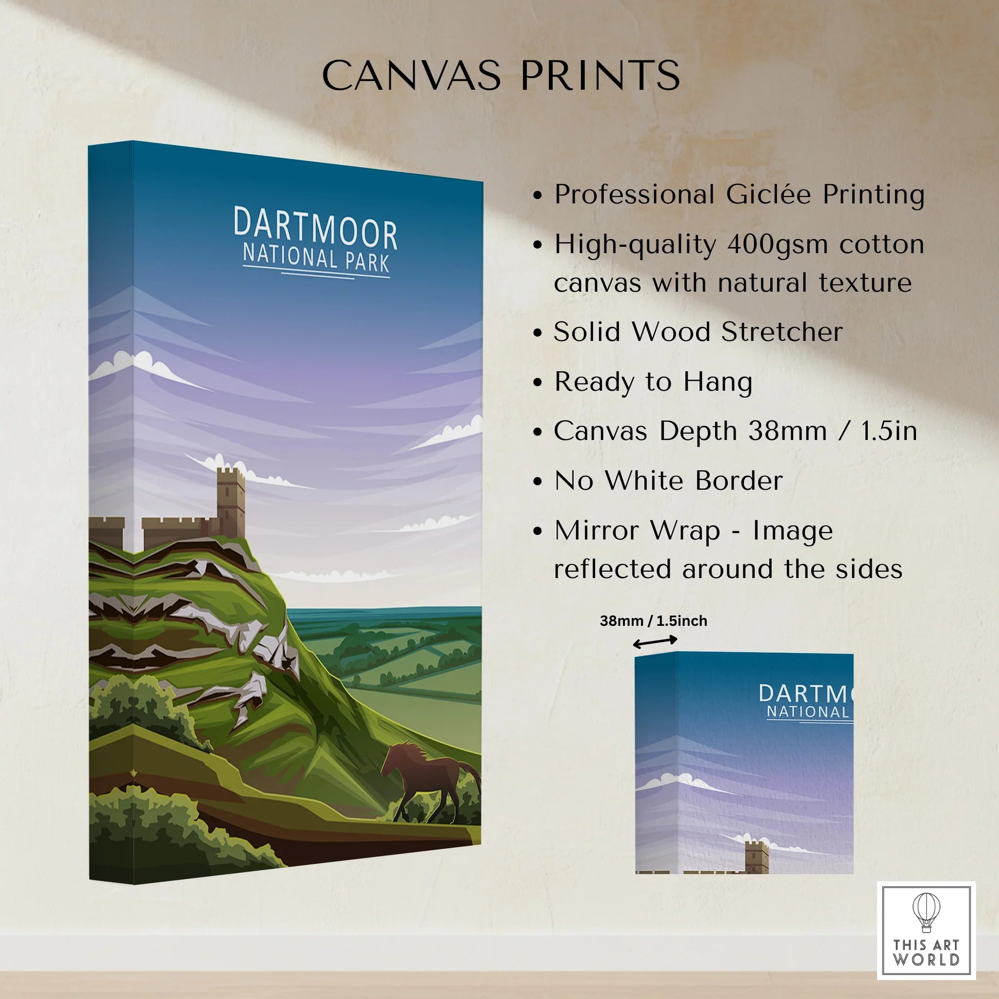 Dartmoor National Park canvas print with scenic landscape, castle, and grazing horse details.