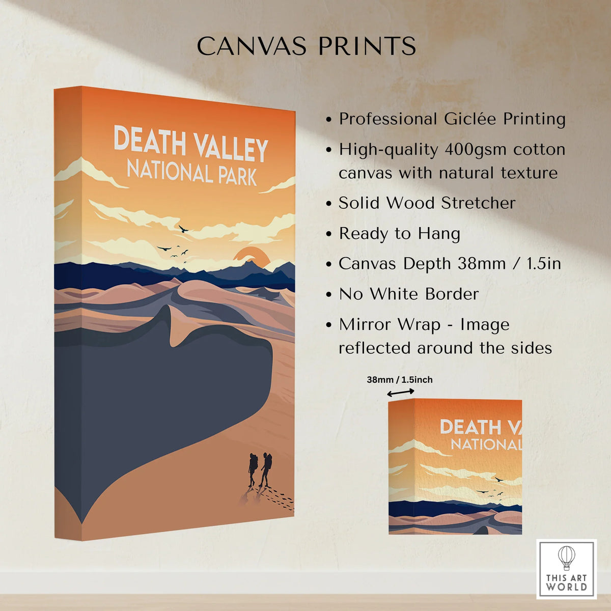 Death Valley National Park canvas print with desert landscape, hikers, and sunrise