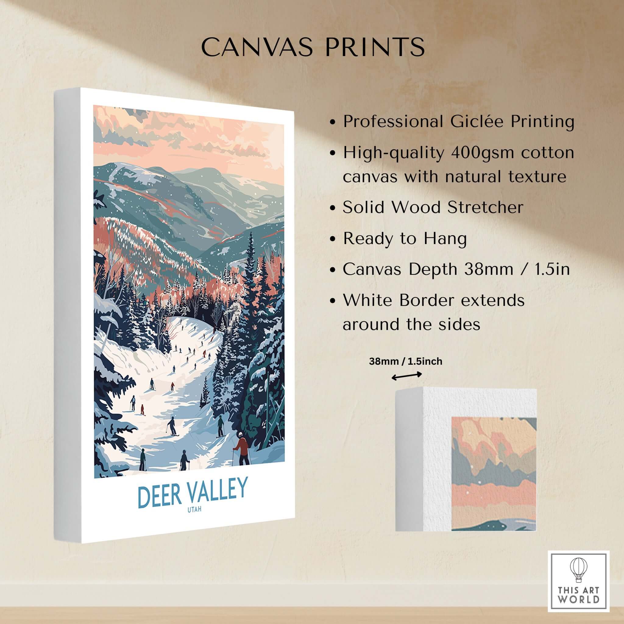 Deer Valley Travel Poster - Utah showcasing ski enthusiasts on snowy slopes with professional Giclée printing.