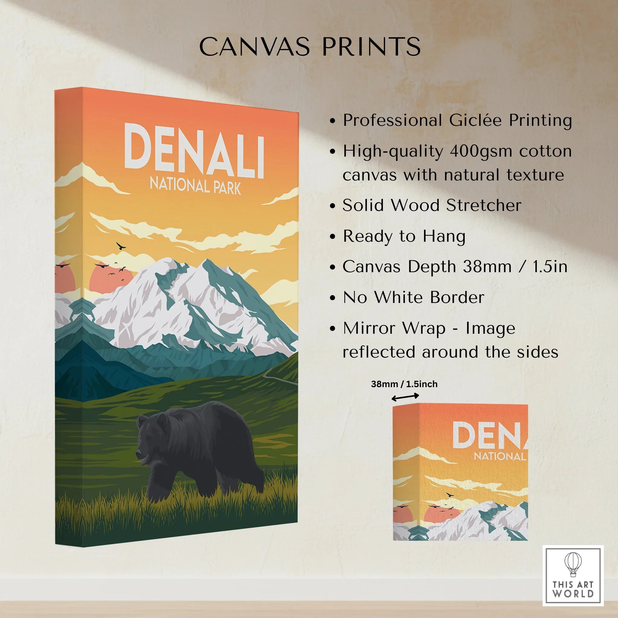 Denali National Park canvas print featuring a bear, mountains, and sunset in vibrant colors
